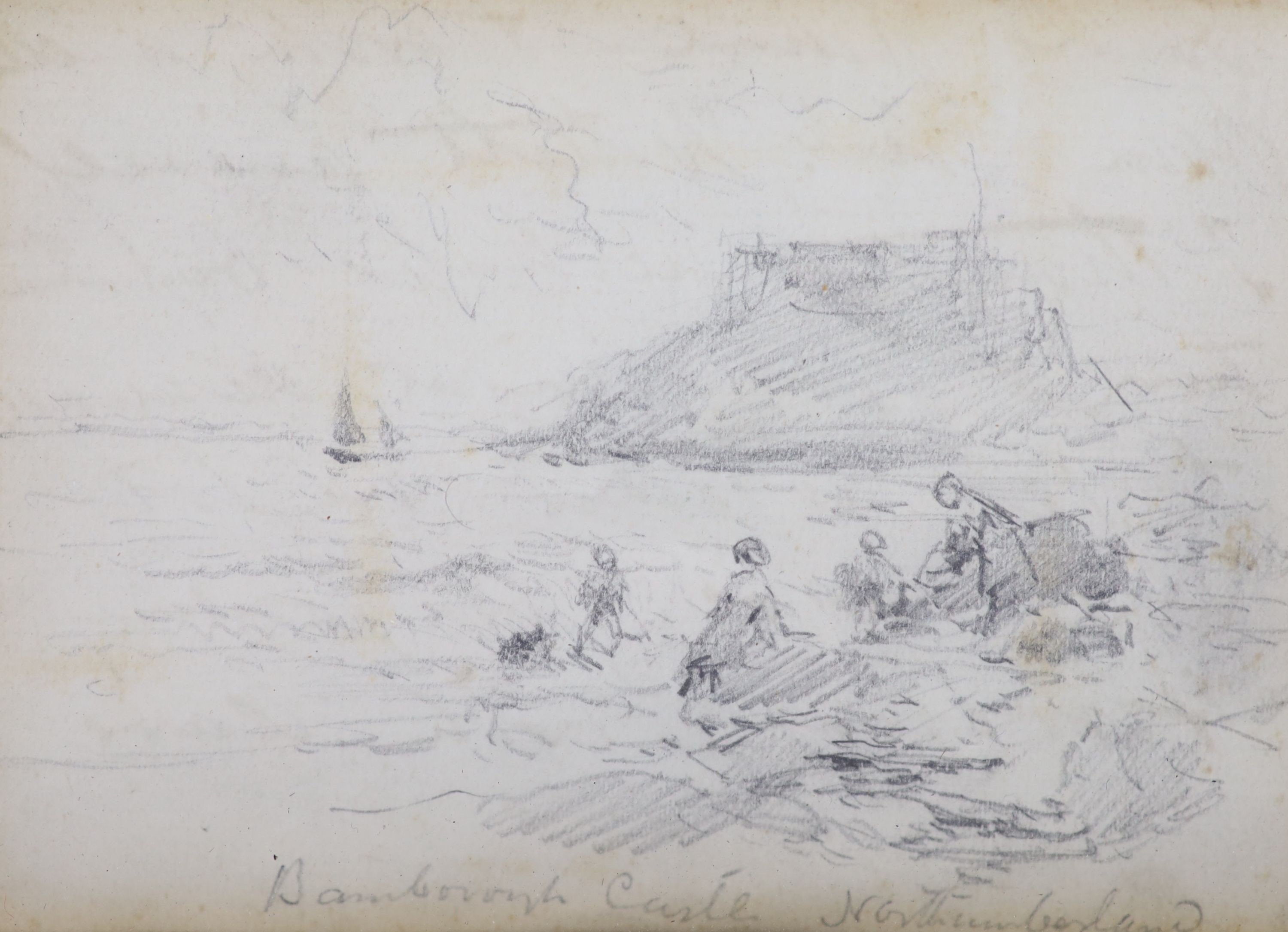 Charles Rowbotham (1826-1904), pencil sketch, Banburgh Castle, with letter from the artist verso, 8 x 11cm and a small watercolour by Alexander Whishaw, 14 x 21cm